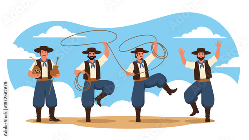 Group of traditional South American gauchos perform a spirited dance with ropes in an outdoor setting with a cloudy sky.