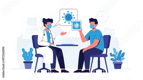 Professional doctor in a face mask provides a medical consultation to a patient while discussing virus information icons.