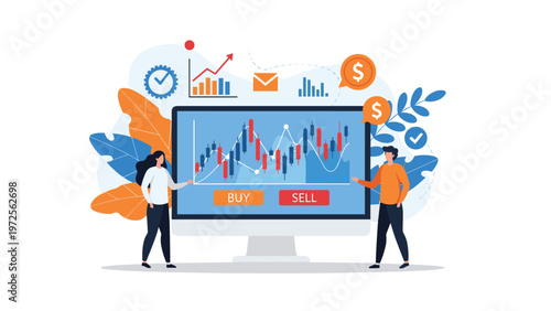 Two traders stand beside a large computer monitor analyzing real time stock market charts with buy and sell indicators.
