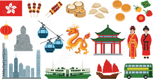 Hong Kong Cultural Travel Icons Vector Set Featuring Skyline Landmarks, Dim Sum, Dragon, Traditional Dress, Star Ferry, Junk Boat, and Star Ferry for Tourism