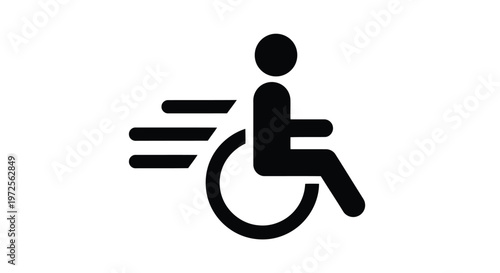 Vector illustration monochrome silhouette of person in wheelchair moving quickly on white background