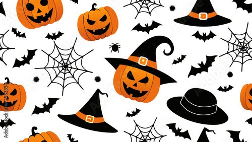 Halloween-themed fabric with bats, pumpkins, and candy corn