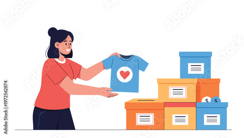 Kind woman donates a t-shirt with a heart symbol by placing it into one of several cardboard boxes for a charity event.