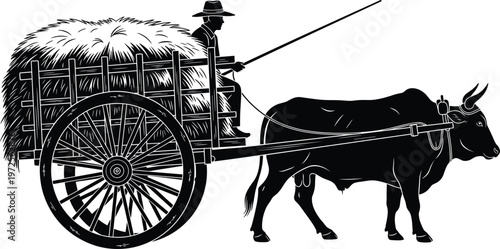 Farmer riding bullock cart carrying hay silhouette illustration, traditional agriculture transport, rural village life, ox driven wagon, farming lifestyle, countryside work scene