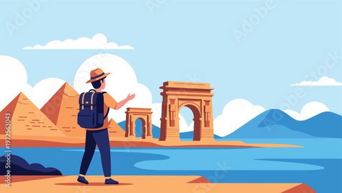 Young man with a backpack standing at the shore and looking at ancient pyramids and desert ruins under a bright blue sky.