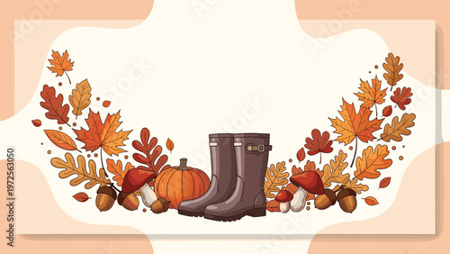 Fall season frame composition with rubber boots, a pumpkin, mushrooms, and various colorful autumn leaves for decoration.