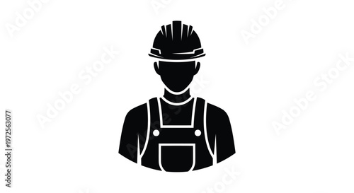 Vector illustration monochrome silhouette of a person wearing a hard hat and overalls standing alone
