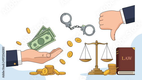 Concept of financial law and justice showing a hand with money, handcuffs, scales of justice, and a law book.