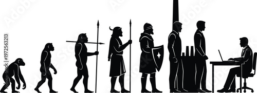 Human evolution concept from primitive ape to modern office worker silhouette showing progress development technology advancement career growth and transformation of mankind through history
