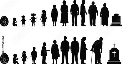 Human life cycle silhouettes from birth to old age and death representing stages of life aging growth family timeline and mortality concept illustration