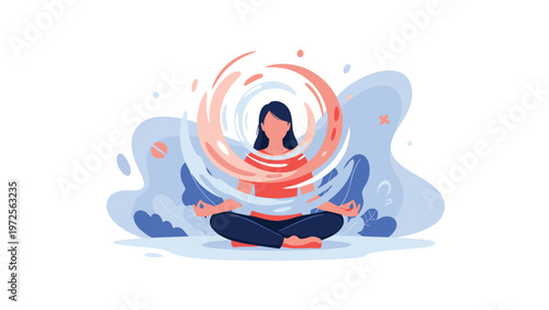 Woman sitting in a lotus position and meditating while surrounded by swirling circles of pink and blue energy.