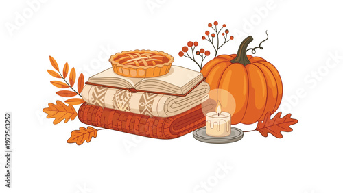 Cozy autumn still life with freshly baked pumpkin pie stack of blankets glowing candle and harvest pumpkin decoration.