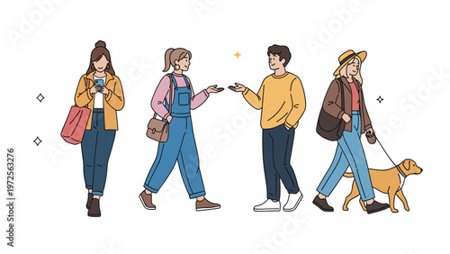 Diverse group of people in stylish autumn clothing walking and interacting outdoors with a pet dog on a leash.