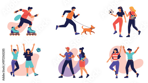 Collection of people engaged in healthy active lifestyles including rollerblading running with dog and playing sports.
