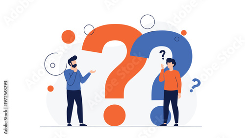 Two professional men standing next to giant orange and blue question marks while contemplating a problem or decision.