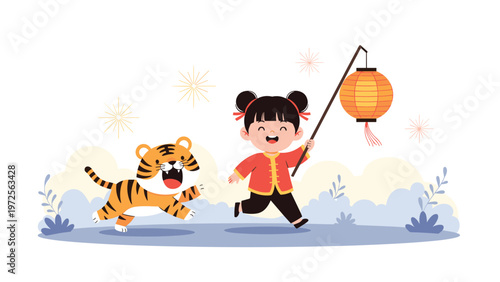Happy young girl in traditional red dress running in a park with a cute tiger and holding a glowing paper lantern.