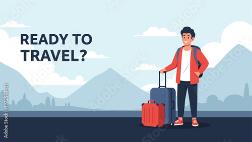 Young man with a backpack and suitcases standing in a scenic mountainous landscape under a clear sky for a travel advertisement.