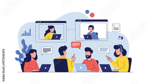 Collaborative team working in an office with some members participating remotely through a video conference on computer screens.