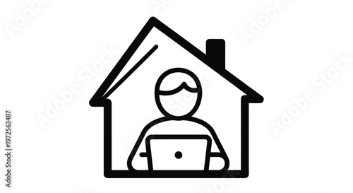 Vector illustration monochrome person working on laptop inside house minimal silhouette