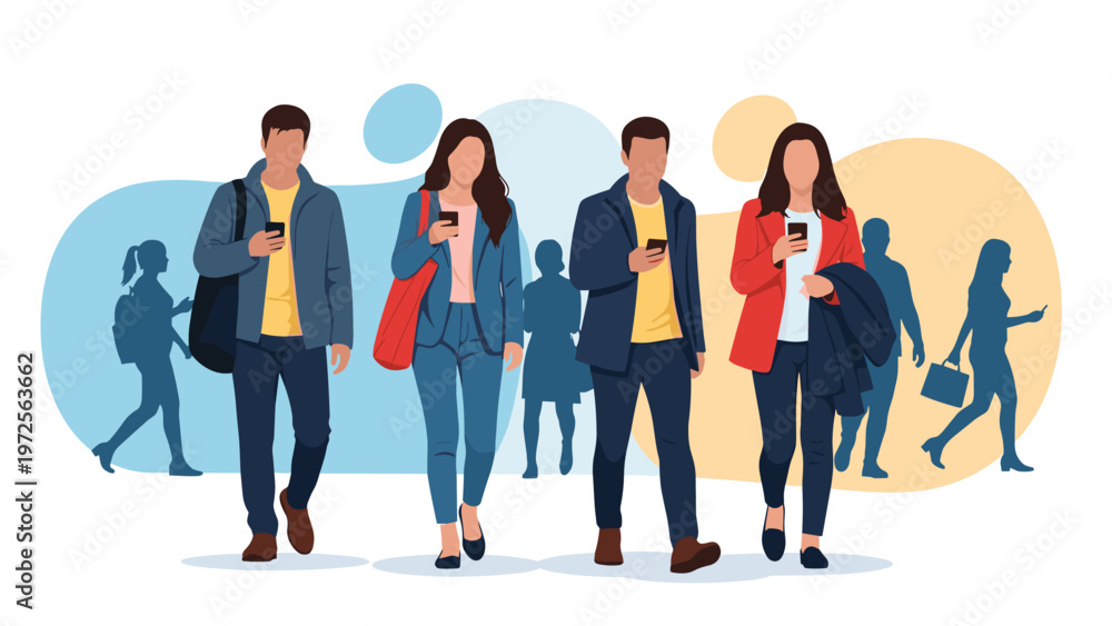 Fototapeta premium Modern diverse group of young people walking while using their smartphones in busy urban environment with abstract shapes.