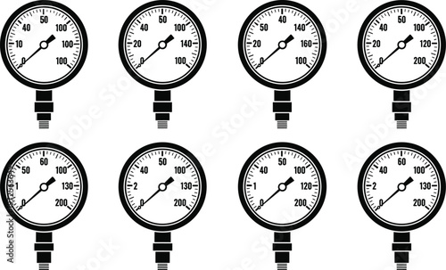 Set of black and white pressure gauge icons with measuring scales and needles for industrial engineering pneumatic system water pressure and hydraulic equipment monitoring