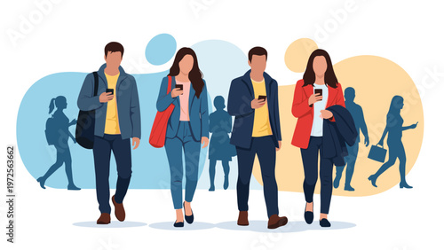 Modern diverse group of young people walking while using their smartphones in busy urban environment with abstract shapes.