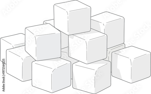 A stack of white sugar cubes forms a small pyramid shape.