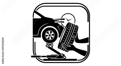 Monochrome graphic icon illustrating a car tire change in progress, featuring a vehicle on a jack, hands holding a wheel, and a clock for quick service.