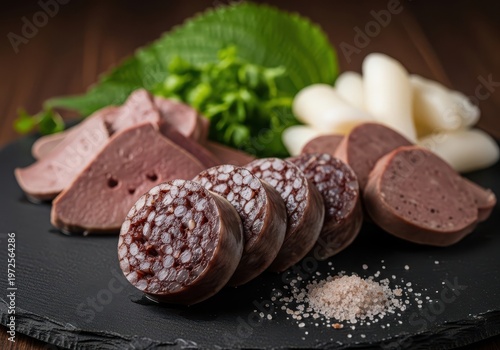 Korean sundae blood sausage with sliced liver and rice cakes on a black slate plate