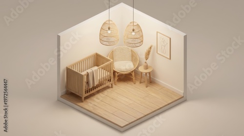 Cozy Minimalist Nursery Interior with Wooden Furniture and Warm Lighting in Soft Neutral Tones