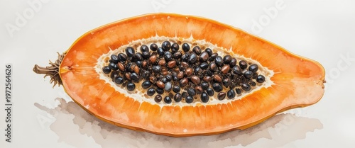Freshly Sliced Papaya Fruit with Dark Seeds on a White Background Highlighting Tropical Nutrition