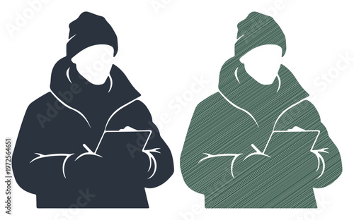 Vector silhouette icons, two people wearing hoodies and beanies, reading tablets, black and green