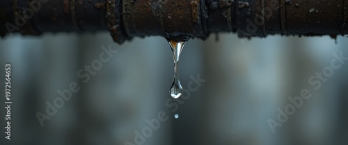 Close-up of a Water Drop Dripping from a Rusted Pipe in an Urban Environment
