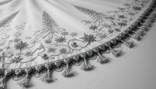 Close-Up of Intricate Silver Embroidery on Elegant White Fabric with Ornate Decorative Trimming