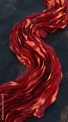 Flowing Red Fabric Waves Creating a Textured and Dynamic Abstract Pattern on a Dark Surface
