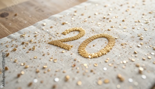 Glittering Gold Number Twenty Surrounded by Shimmering Sparkles on a Textured Background