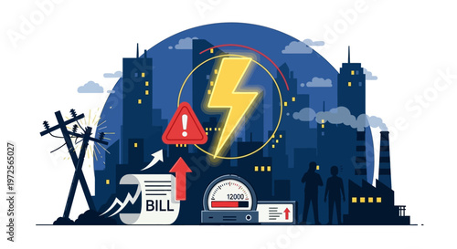A vector illustration depicts the energy crisis in a city with a high electricity bill, featuring a power meter, lightning bolt, and silhouette of buildings against a blue background