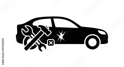 Black silhouette of a car with repair tools and a sparkle effect, symbolizing auto service, maintenance, and detailing.