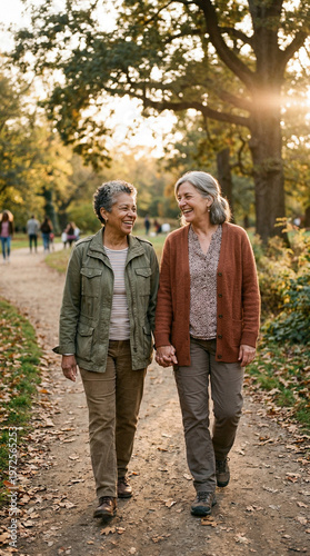 Senior Women Holding Hands and Walking in Park