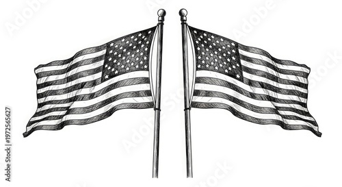 Vintage engraving of two american flags waving proudly in a symmetrical composition