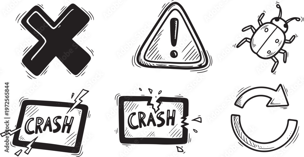 Fototapeta premium Software crash and system alert icons set with warning sign bug and broken interface elements