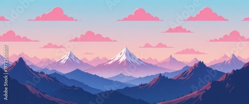 Pixel Art Landscape of Majestic Mountains and Colorful Clouds at Sunset