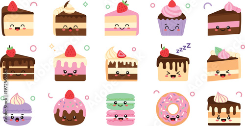 Cute Dessert Characters Set with Cakes Donuts Macarons and Sweet Bakery Treats in Kawaii Cartoon Style for Kids Branding and Vector Illustration Design.