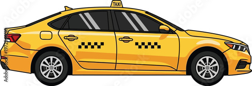Yellow taxi sedan with checkered pattern drives on white background.
