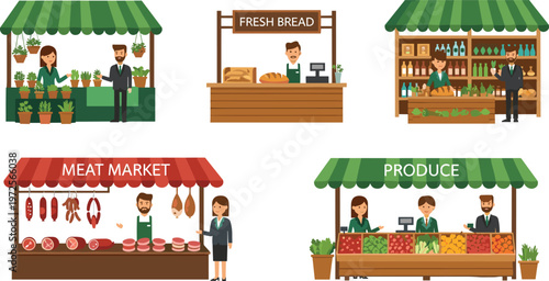 Local Indoor and Outdoor Market Stall Set Featuring Meat Market, Fresh Bread Bakery, and Produce Stands with Vendors and Customers for Retail Business Graphics