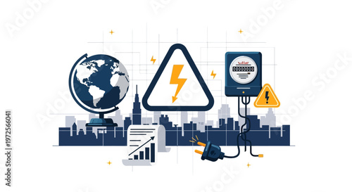 Conceptual vector illustration depicting the energy crisis with a globe and city silhouette against a white backdrop, highlighting electricity meter and plug, conveying a stark warning