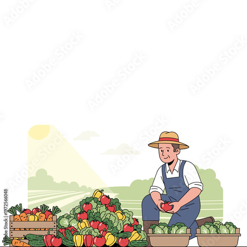 Farmer selling fresh produce at an outdoor market with vibrant vegetables