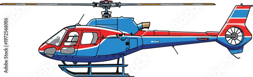 Helicopter with red and blue accents flies through the air on white.