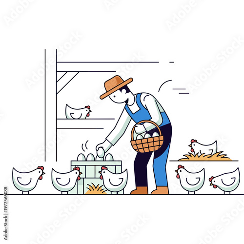 Man collects eggs from chicken coop on farm with several chickens around