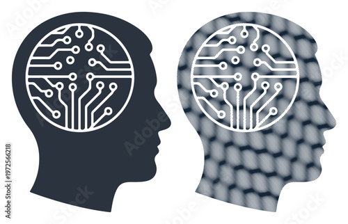 Circuit board human heads, robotic minds, artificial intelligence concept, technology icons, futuristic silhouettes